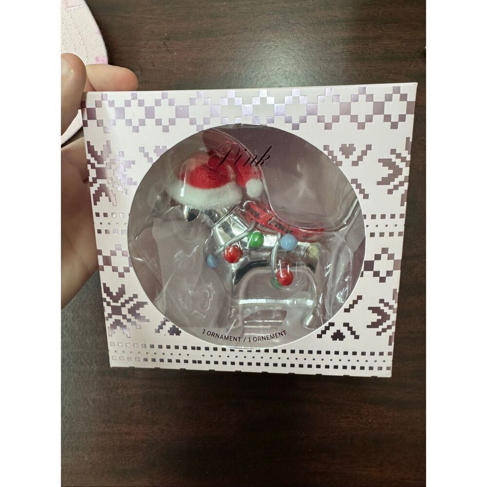 NWT PINK Victoria’s Secret Silver Christmas Mini Dog Ornament